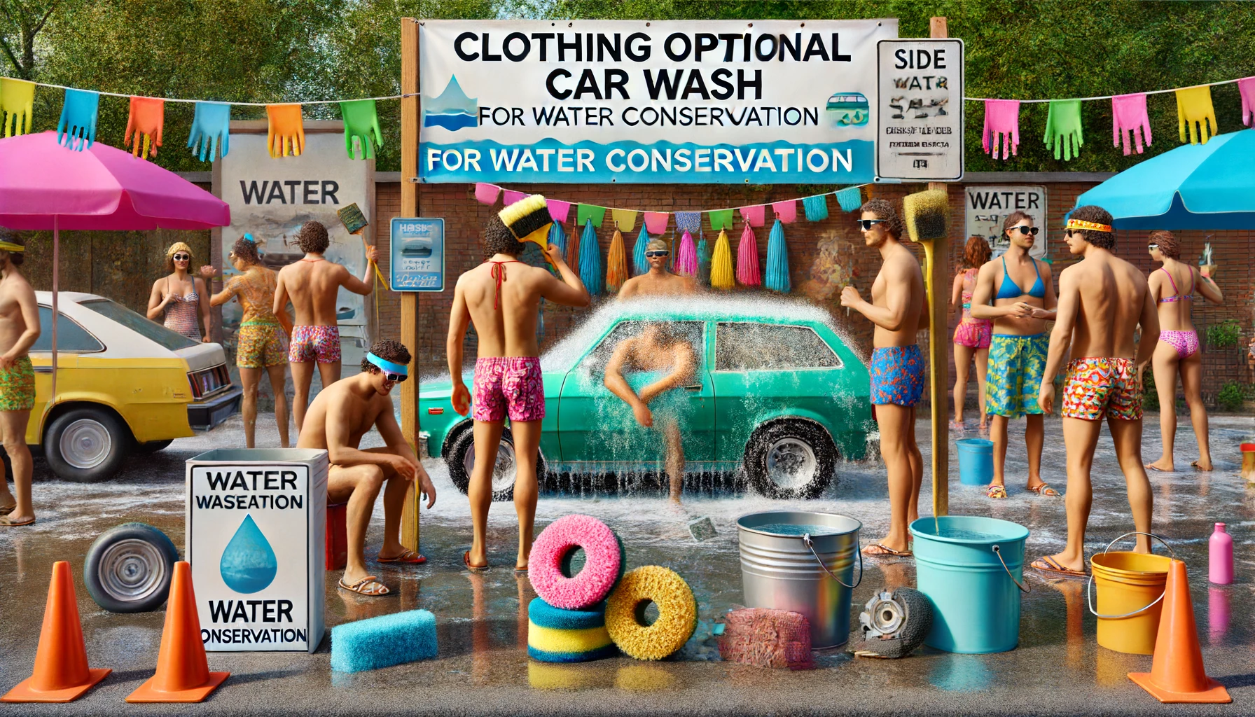 People washing cars at a clothing-optional car wash