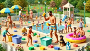 People frolicking during a sponge bath party
